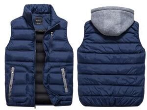 NEW! Men’s L Navy Blue Padded Winter Puffer Vest Hooded Outdoor Jacket Coat
